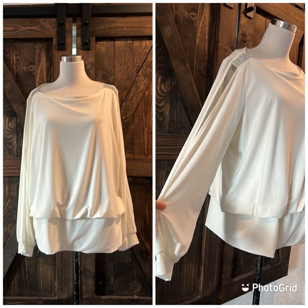 S. Levine white cut out sleeves rhinestones top Sz-XL